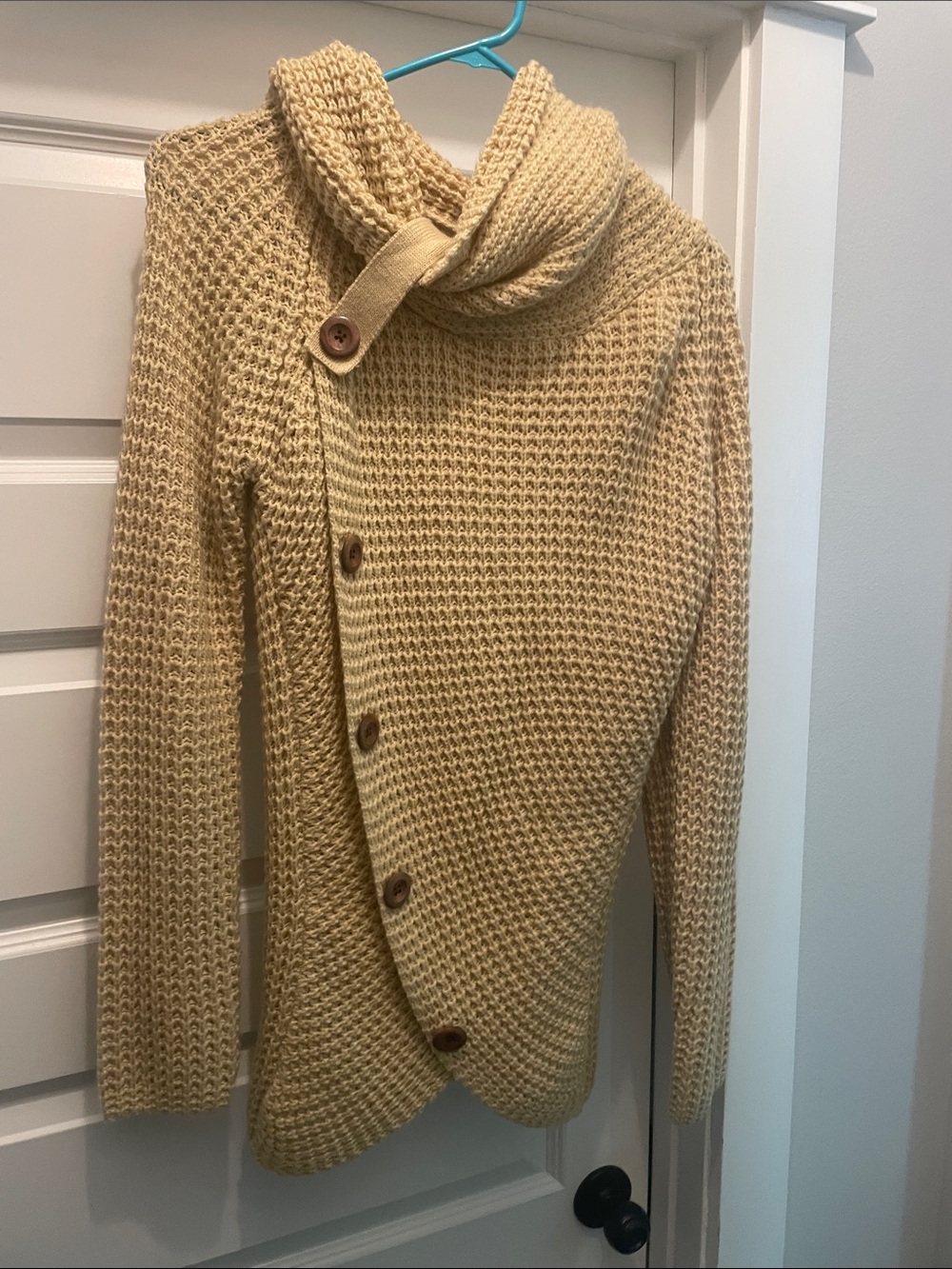 Asymmetric Button Shawl-Collar Sweater - Cream